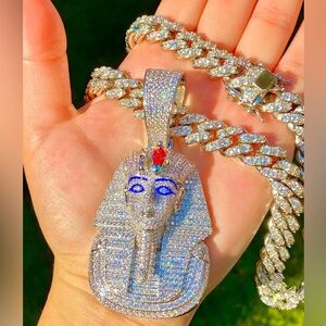 Men 14k W Gold Fill Stamp Ice Egyptian King Tut Pharaoh Iced Miami Chain+Pendant